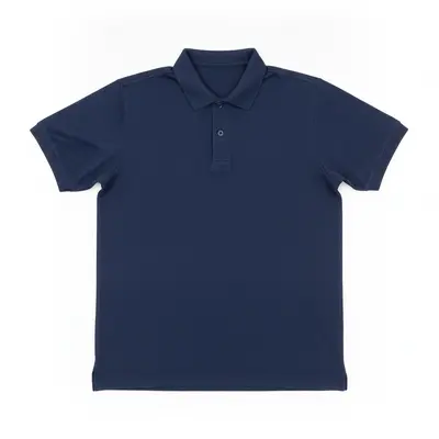 Navy polo shirt flat-lay on white background with collar and button placket visible