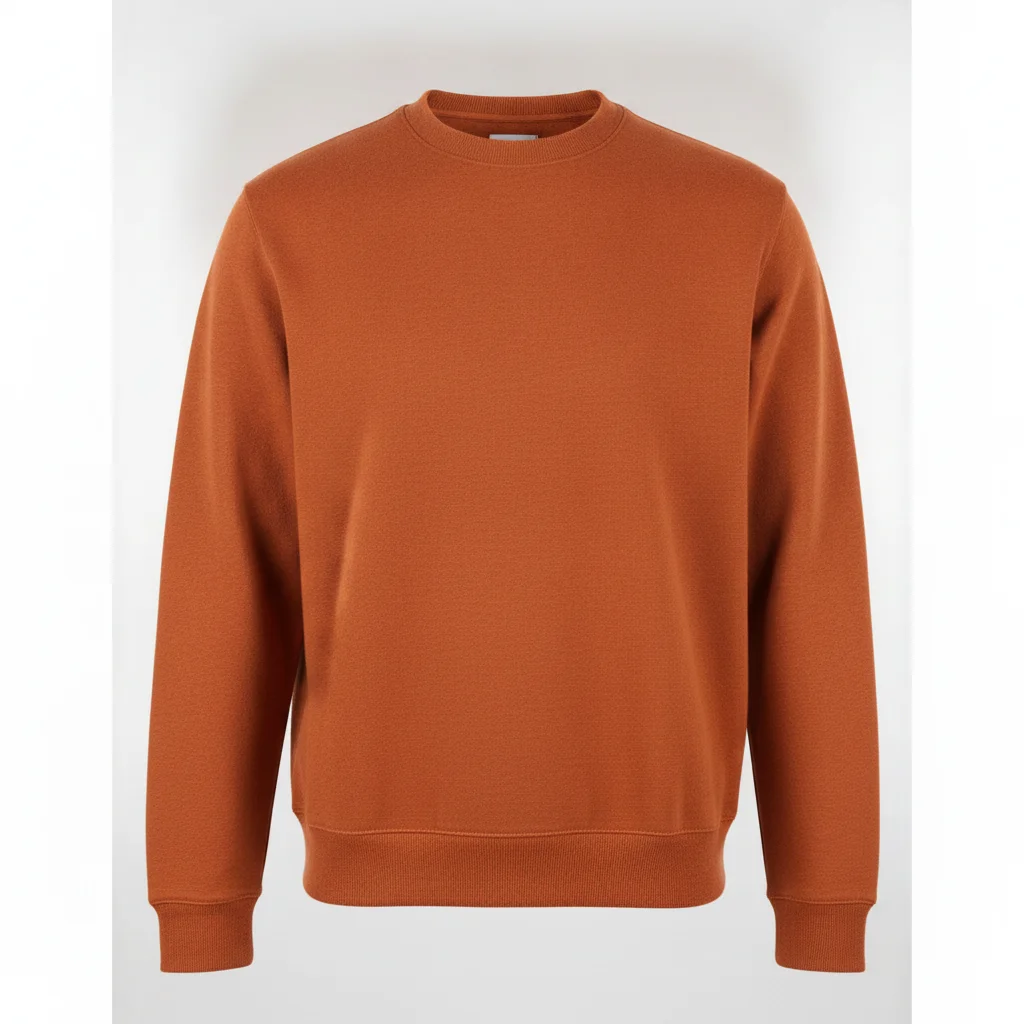 Same sweatshirt in rust orange with ribbing and hem band preserved