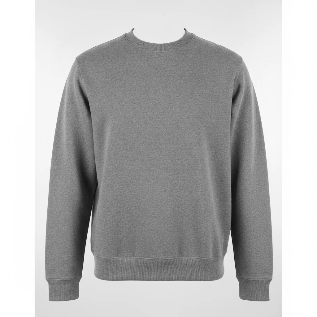 Grey crewneck sweatshirt ghost mannequin with ribbed collar, cuffs, and hem visible