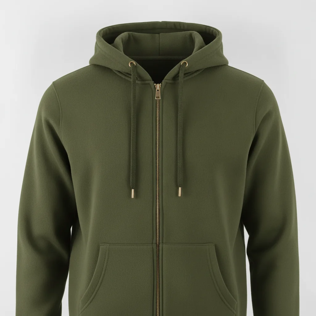 Same hoodie in olive green with zipper, grommets, and pocket all preserved