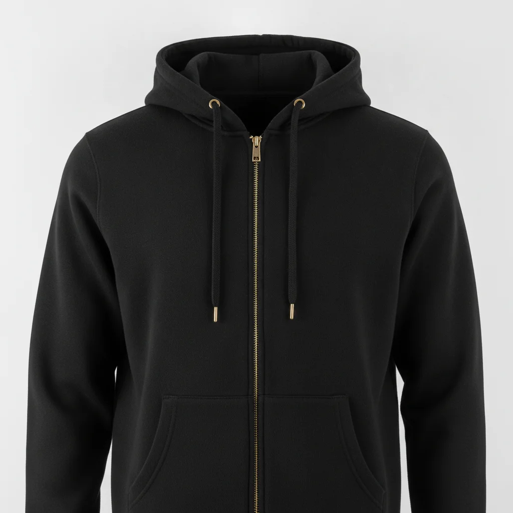 Black zip-up hoodie with zipper, grommets, and kangaroo pocket visible