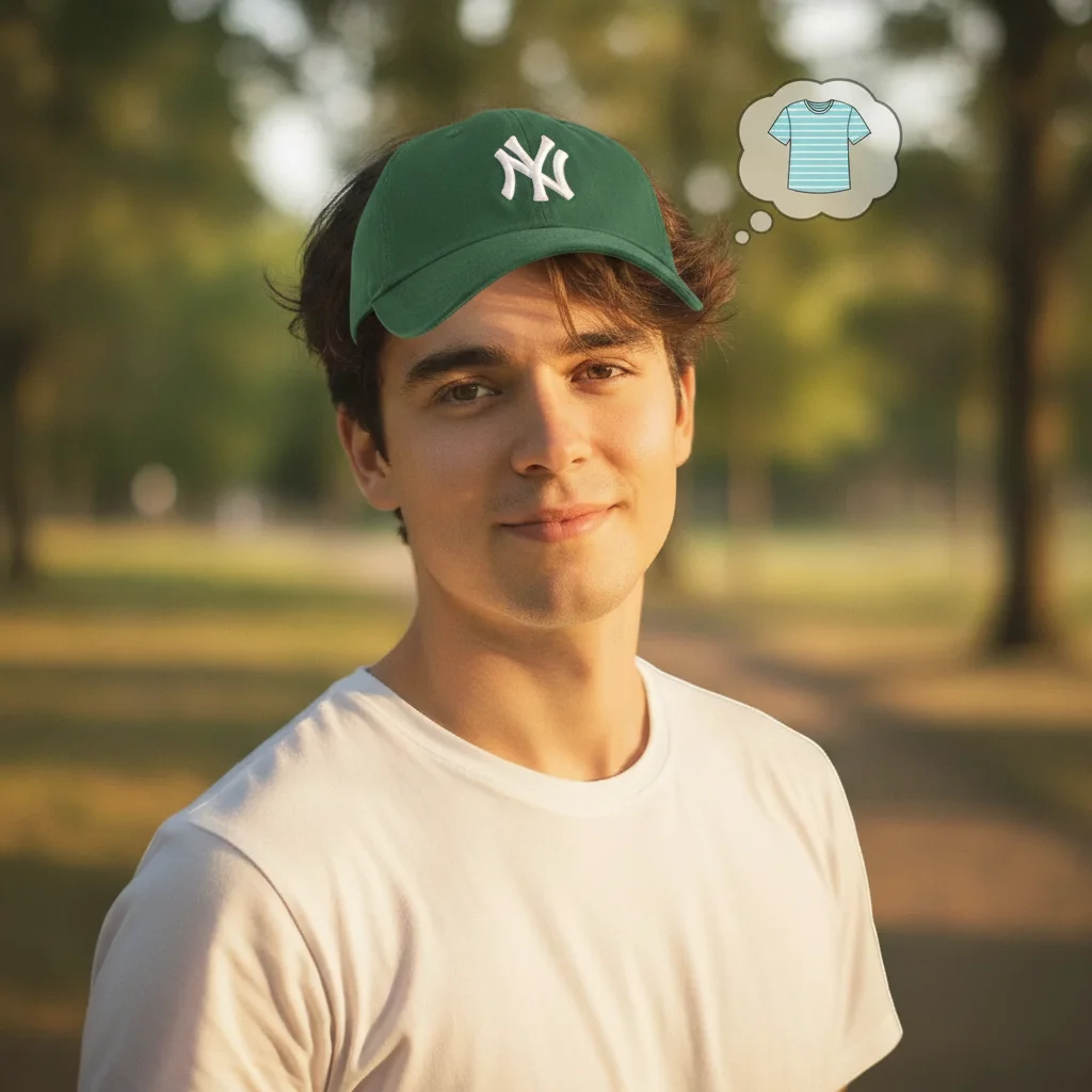 Same man wearing a forest green baseball cap with embroidered logo, lighting preserved