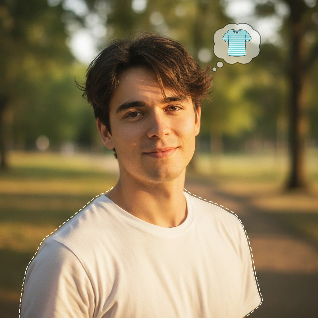 Man in white t-shirt outdoors, bareheaded, natural daylight