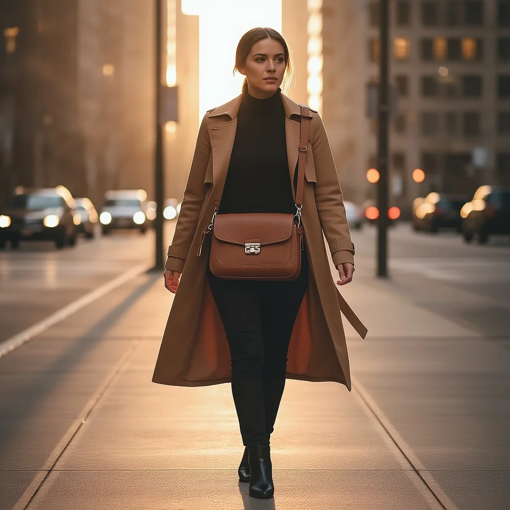 Same woman with leather crossbody bag over right shoulder, golden-hour light preserved