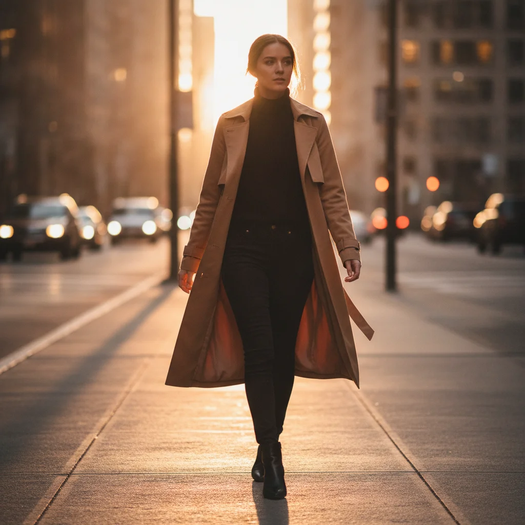 Woman in camel trench coat walking, golden-hour light, no bag