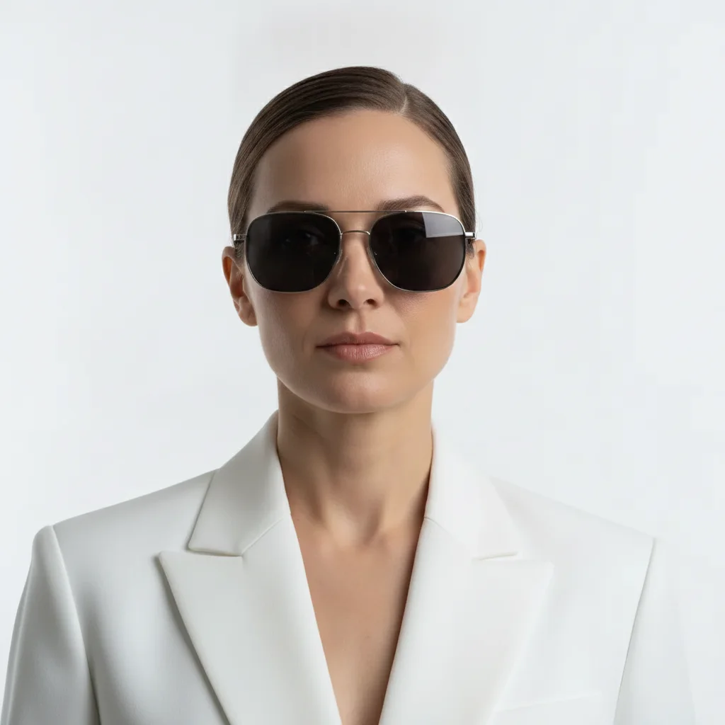 Same model wearing exact sunglasses from reference, lens reflections matching studio light