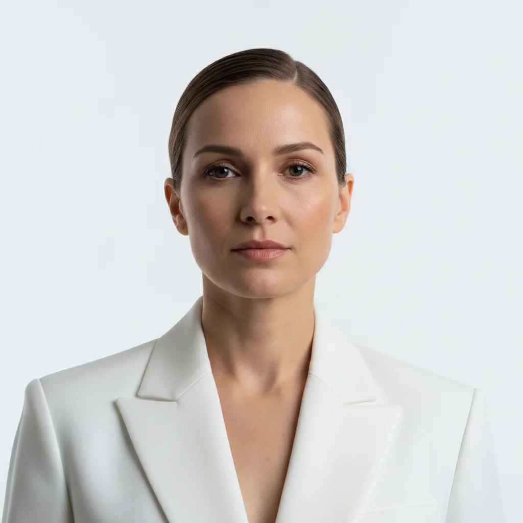 Model in white blazer against white background, no sunglasses, cool studio light