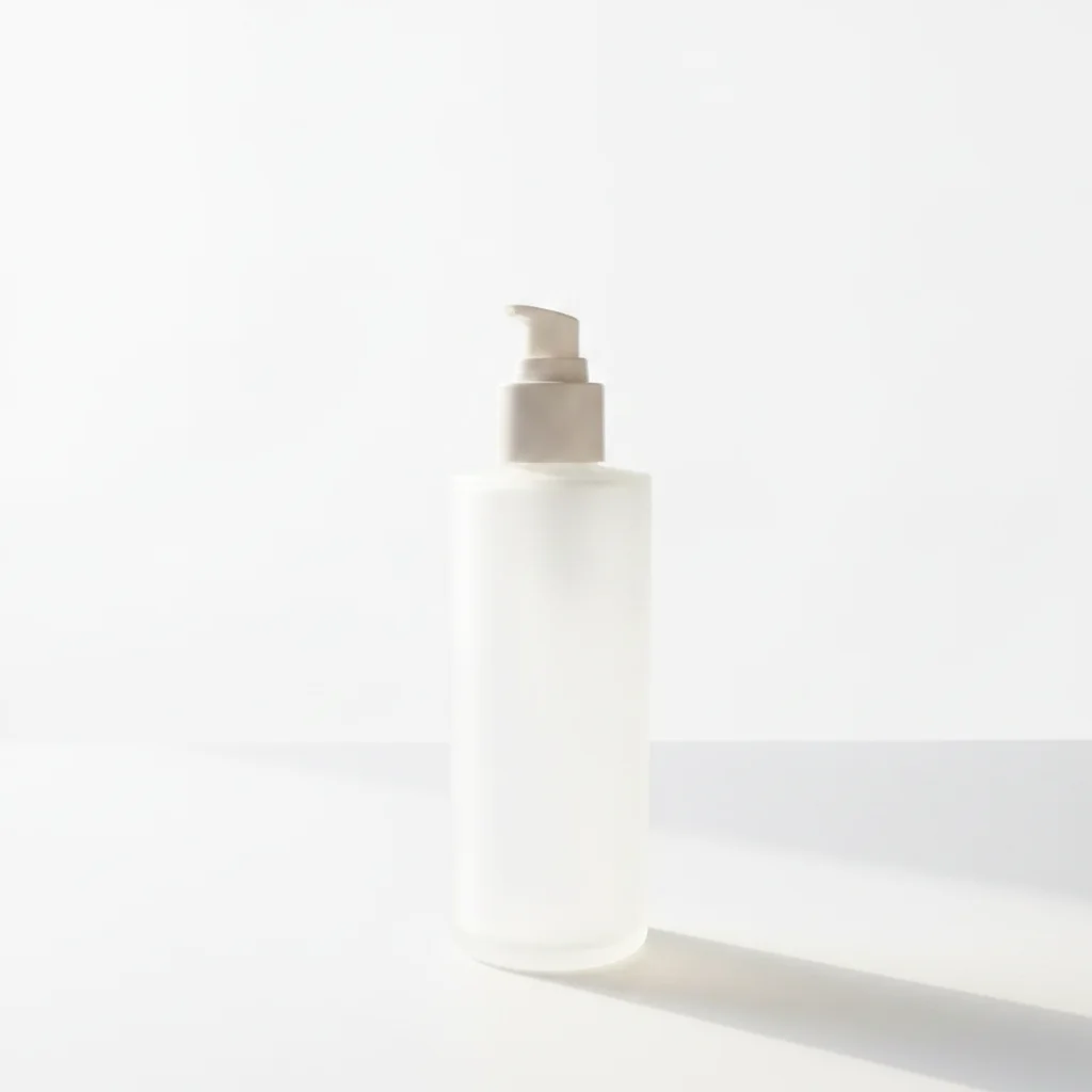 Same skincare bottle on clean white studio background with soft even light and natural shadow