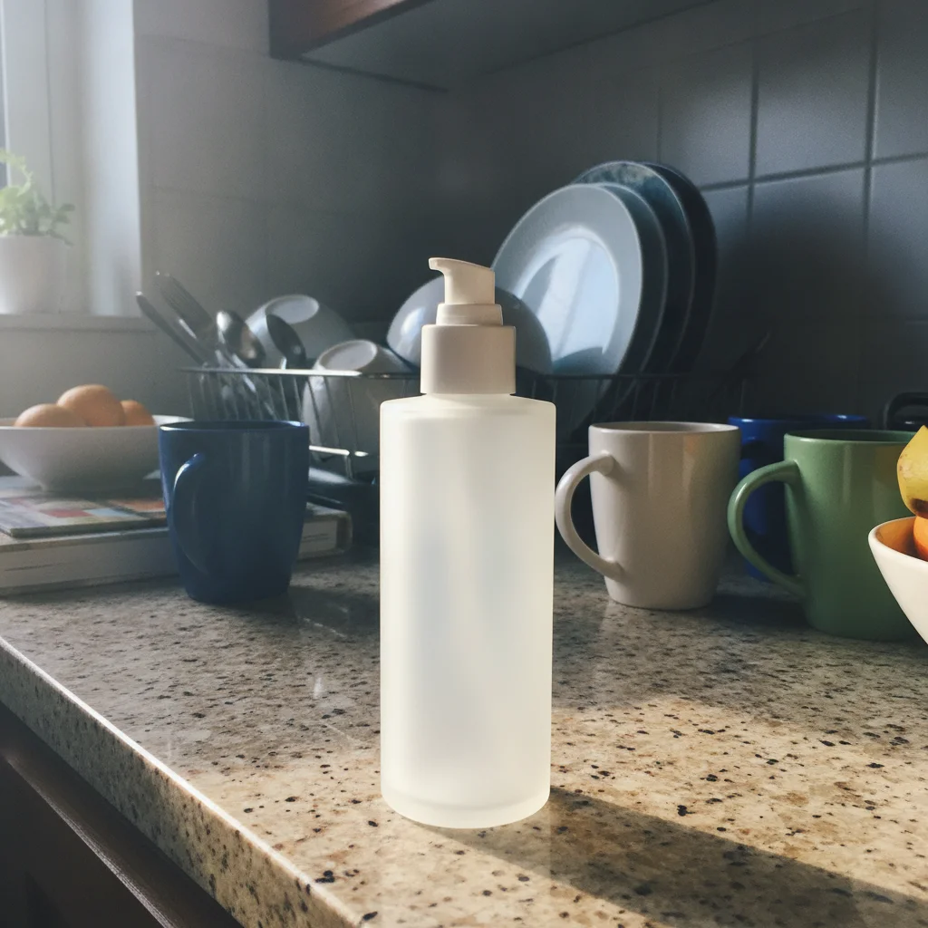 Skincare bottle on cluttered kitchen counter with mixed lighting