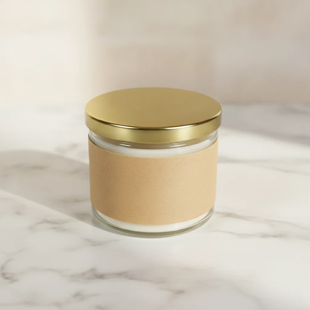 Same candle on marble surface with warm natural side light and blurred soft background