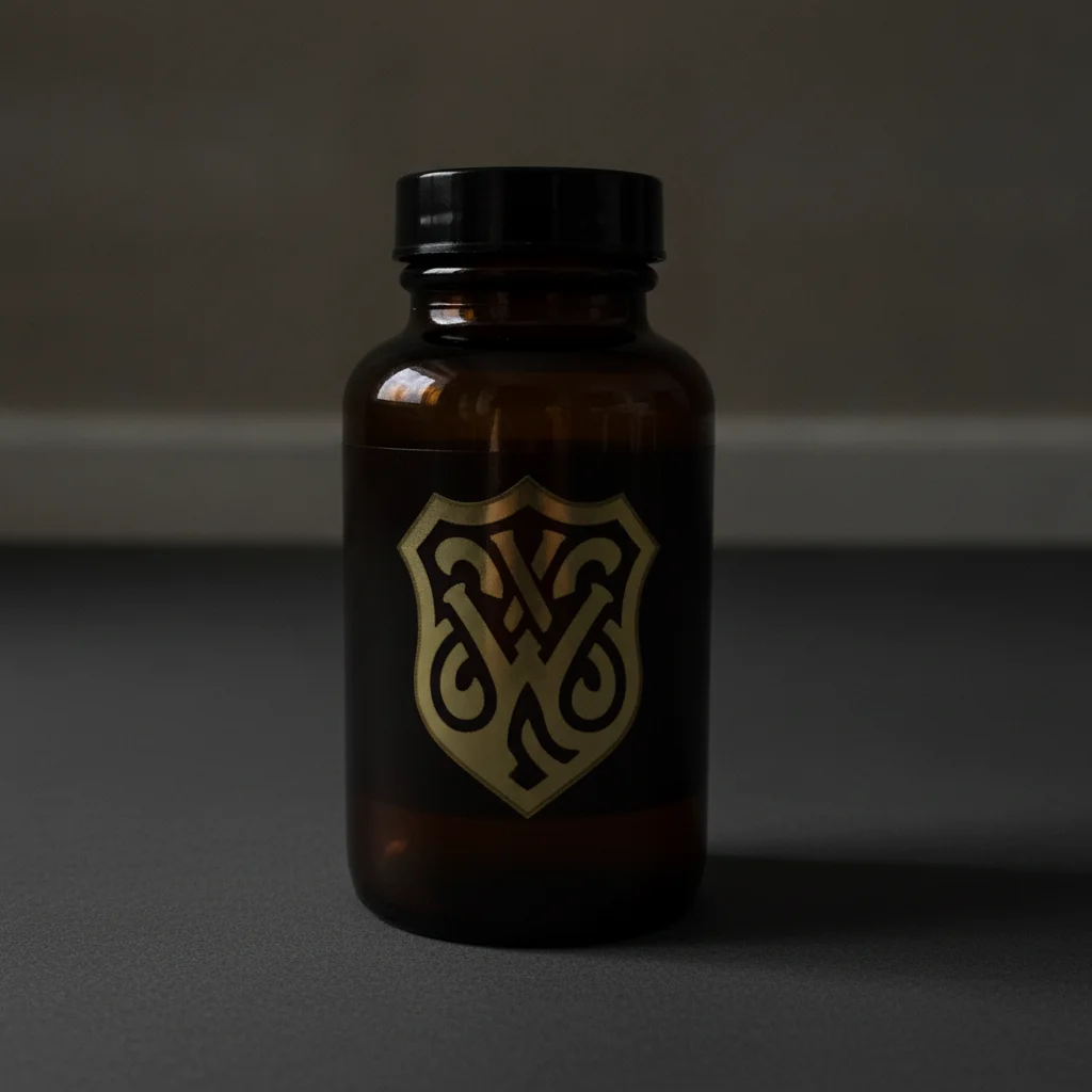 Same bottle on dark charcoal surface with dramatic single-source lighting from upper right, premium aesthetic