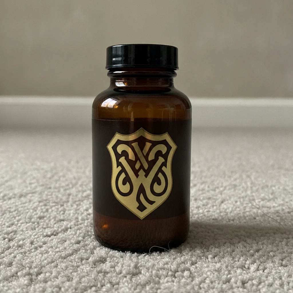 Dark supplement bottle on grey carpet with flat ambient lighting