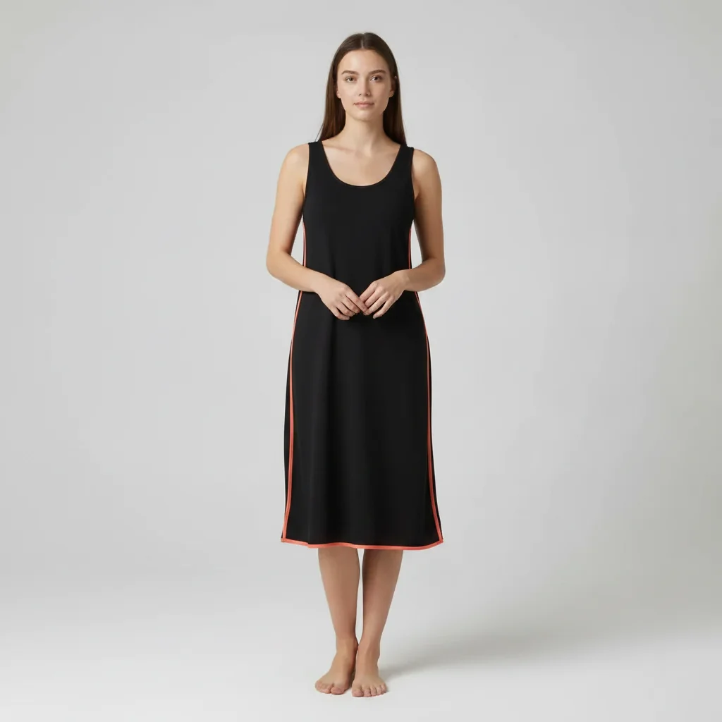 The same dress now with a coral-orange trim running down both side seams and along the hem