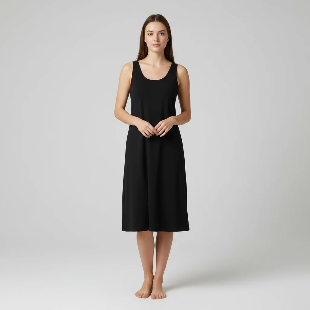 A person in a plain black sleeveless midi dress with a scoop neck, standing barefoot against a plain grey studio background