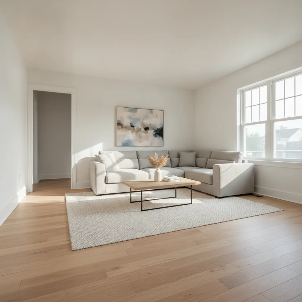 Same room virtually staged with modern sectional sofa, coffee table, and area rug