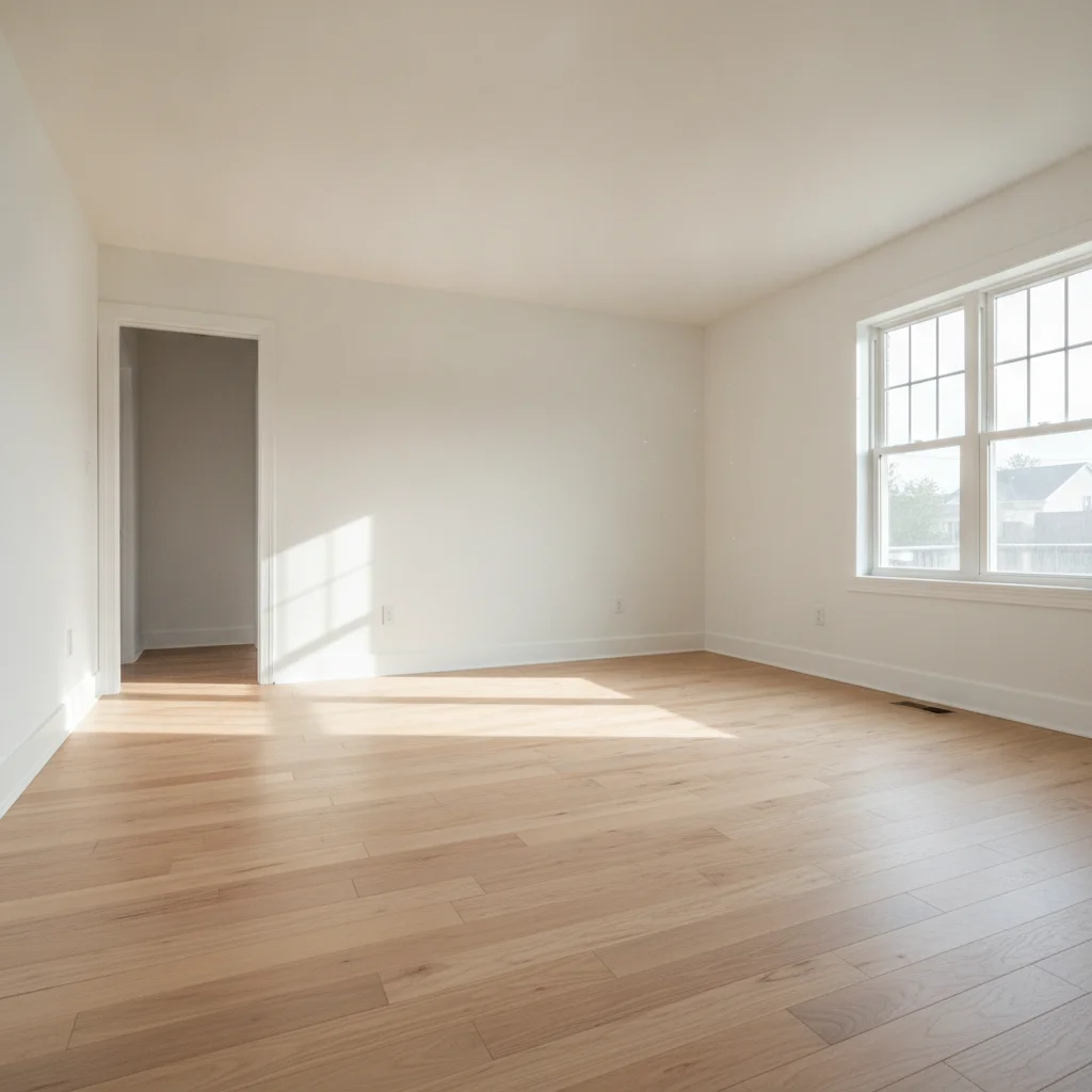 Empty living room with bare hardwood floors and white walls