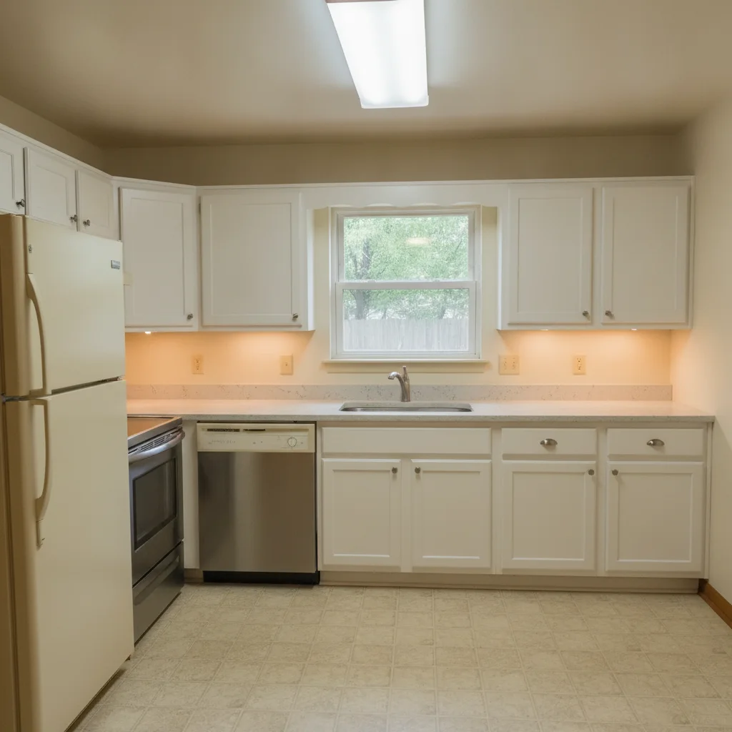 Same kitchen renovated with white shaker cabinets and quartz countertops