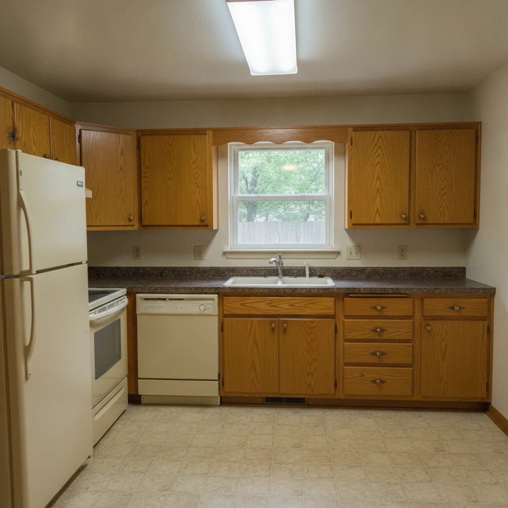Dated kitchen with oak cabinets and dark laminate countertops