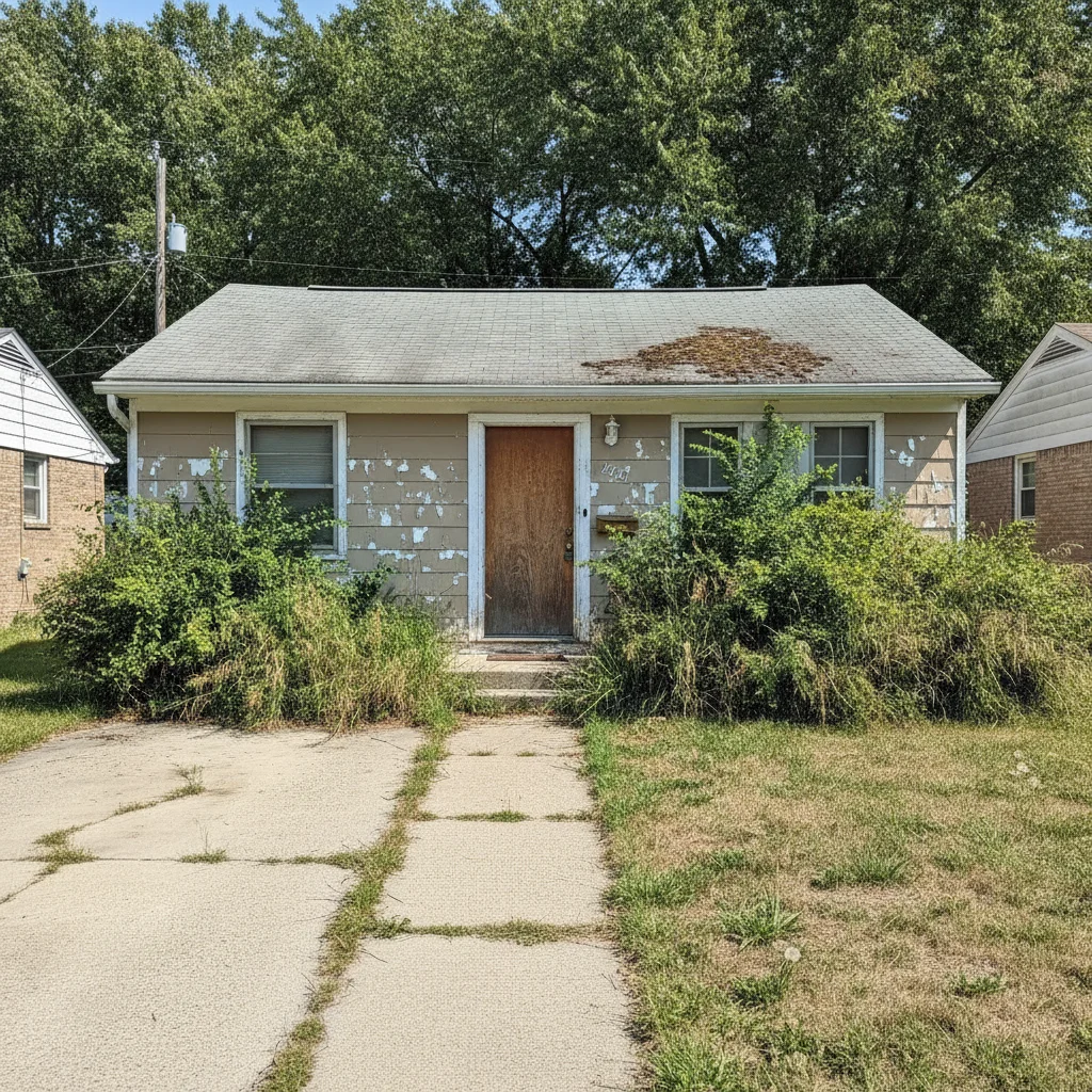 Ranch house with faded beige paint and overgrown landscaping