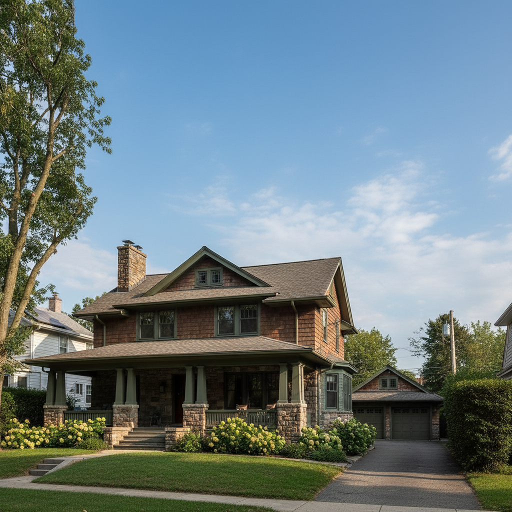 Same house with bright blue sky, green lush lawn, and warm afternoon sunlight