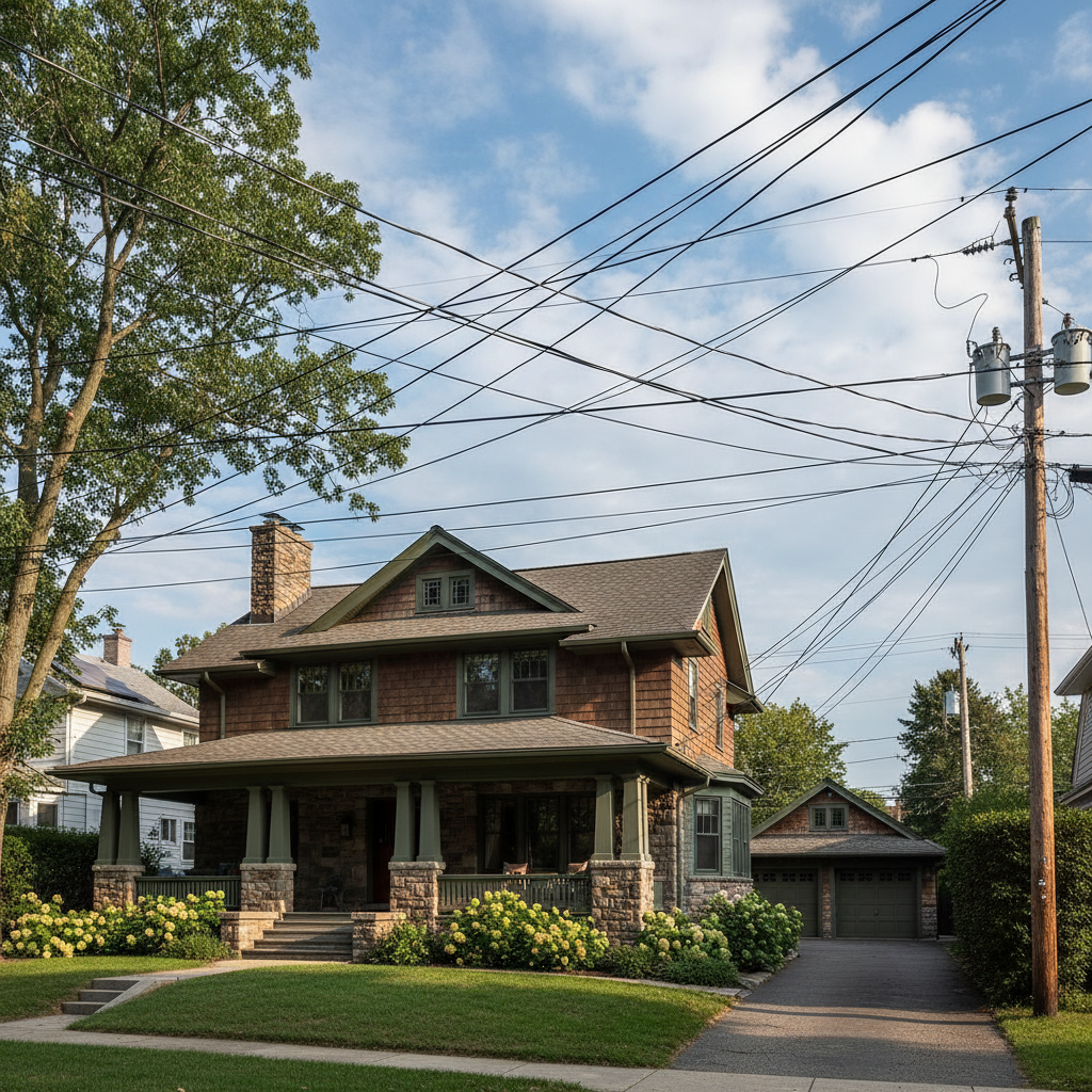 House exterior under grey sky with brown patchy lawn