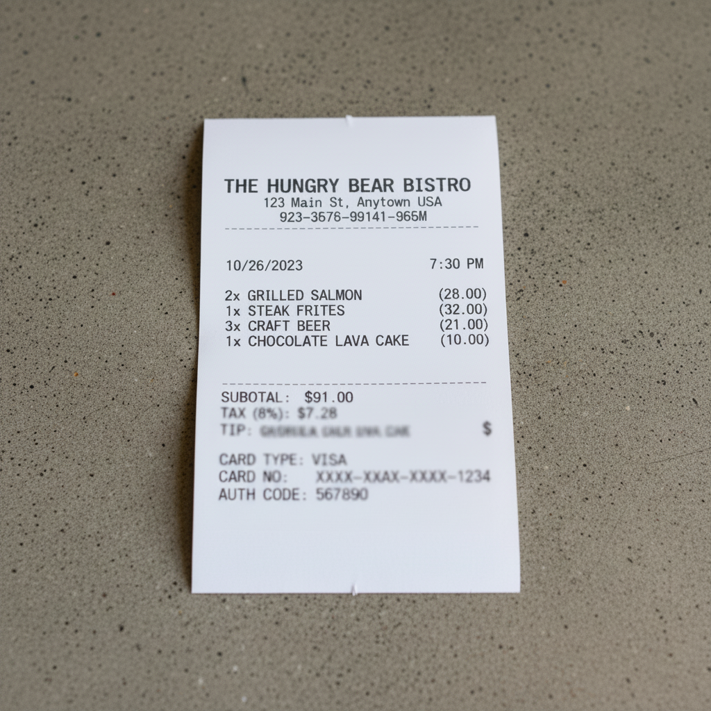 Same receipt with amounts and card number blurred, merchant and date visible