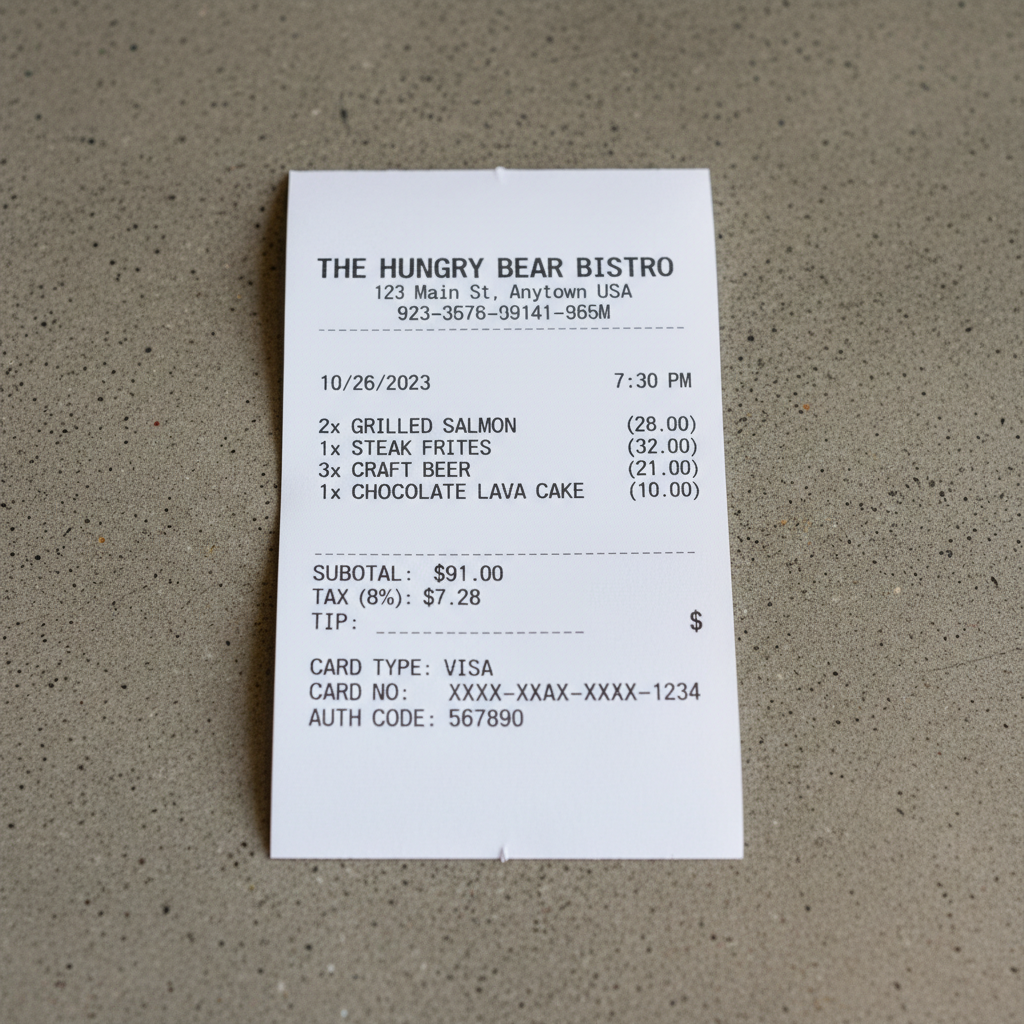 Restaurant receipt showing all amounts and card number