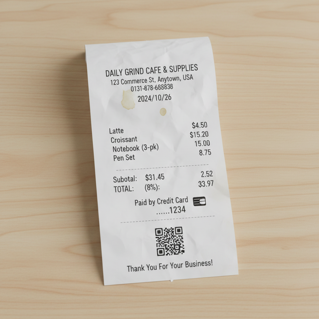 Business receipt with visible card number