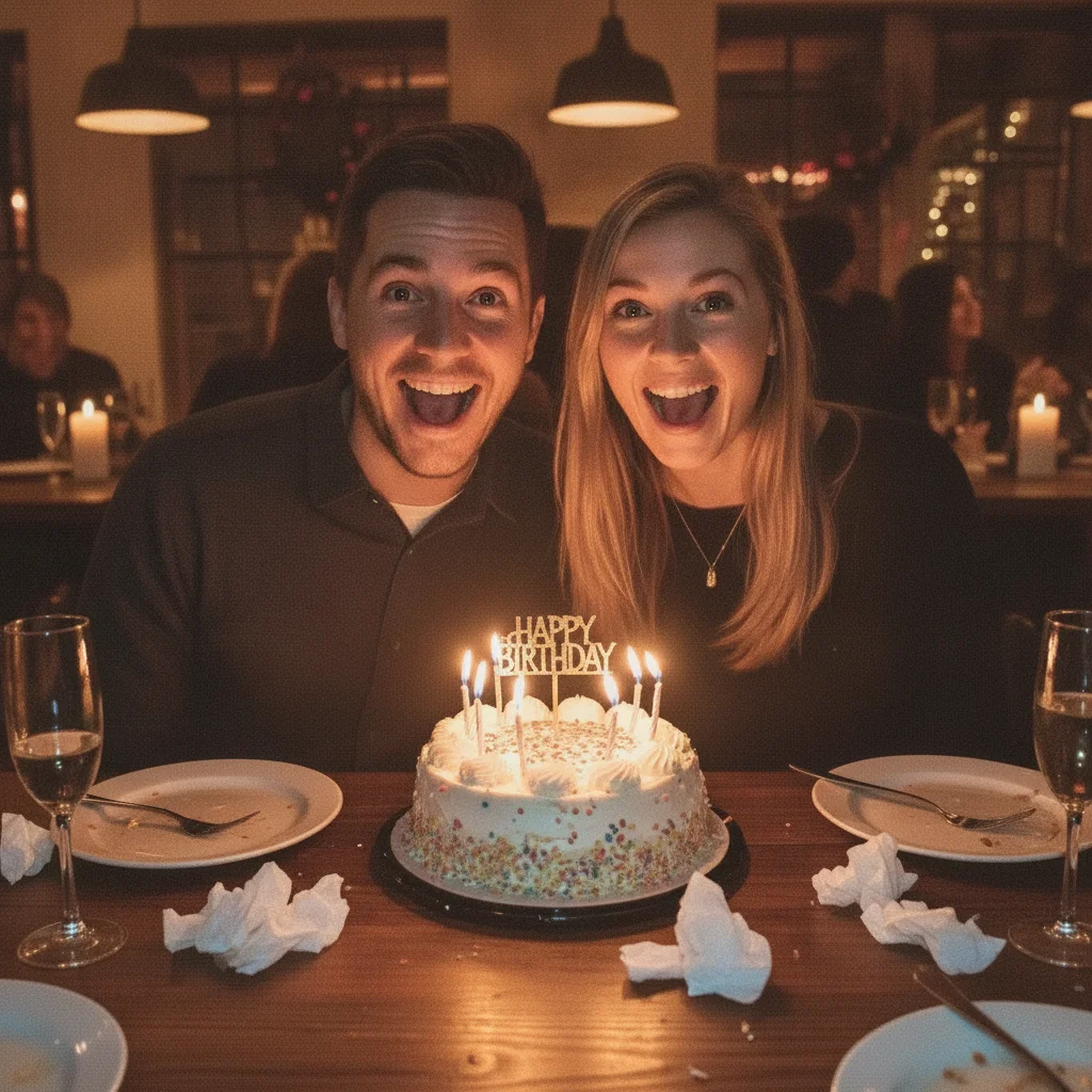 Same photo with both people's eyes corrected to natural brown, party atmosphere unchanged