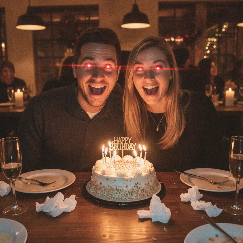 Two people at a birthday party with bright red glowing eyes from flash
