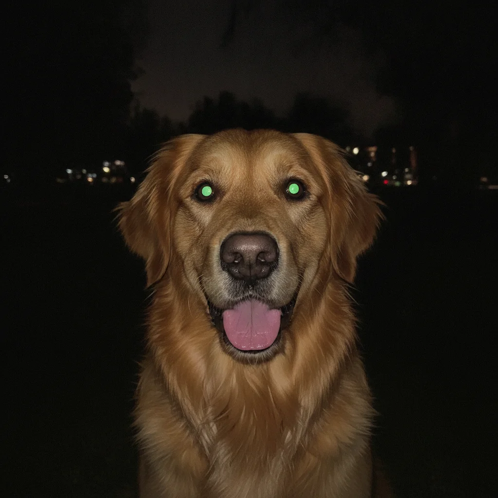 Golden retriever with bright green glowing eyes from camera flash at night