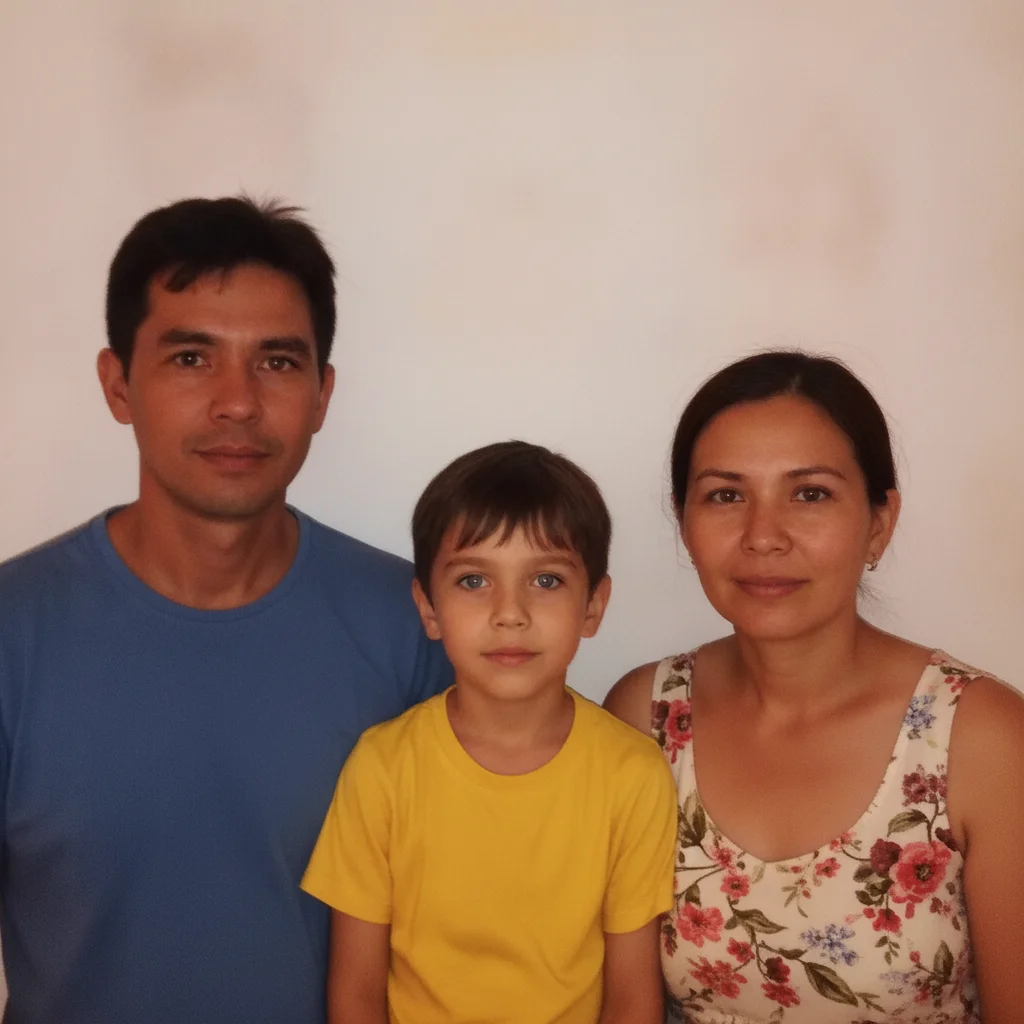 Same family photo with all three people's eyes corrected to natural colors