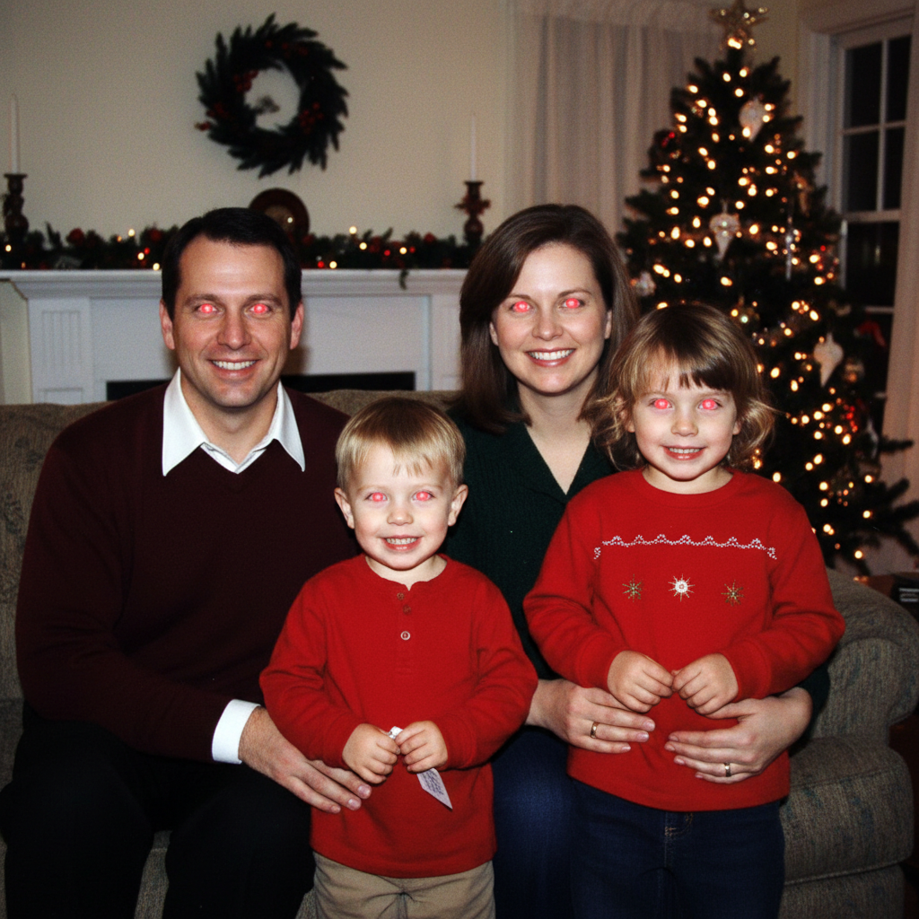 Family group photo with red eye on three people