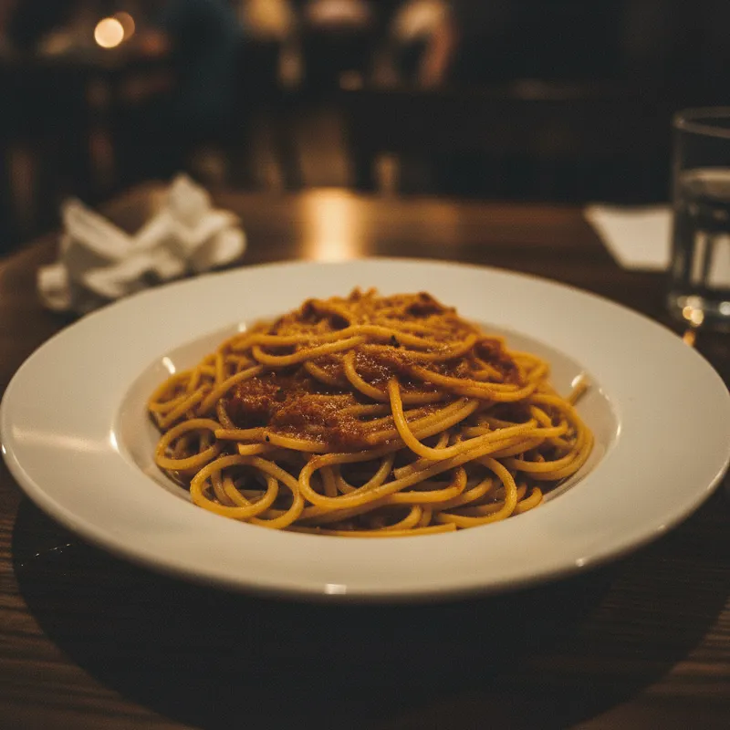 Same pasta with rich sauce gloss, vivid tomato colors, and natural side lighting depth