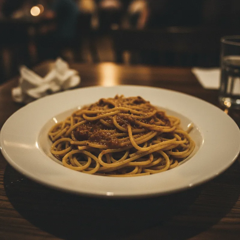 Pasta dish with flat overhead LED lighting and washed-out dull colors