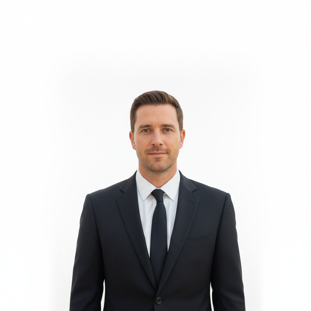 Same man with polished corporate headshot and grey studio background