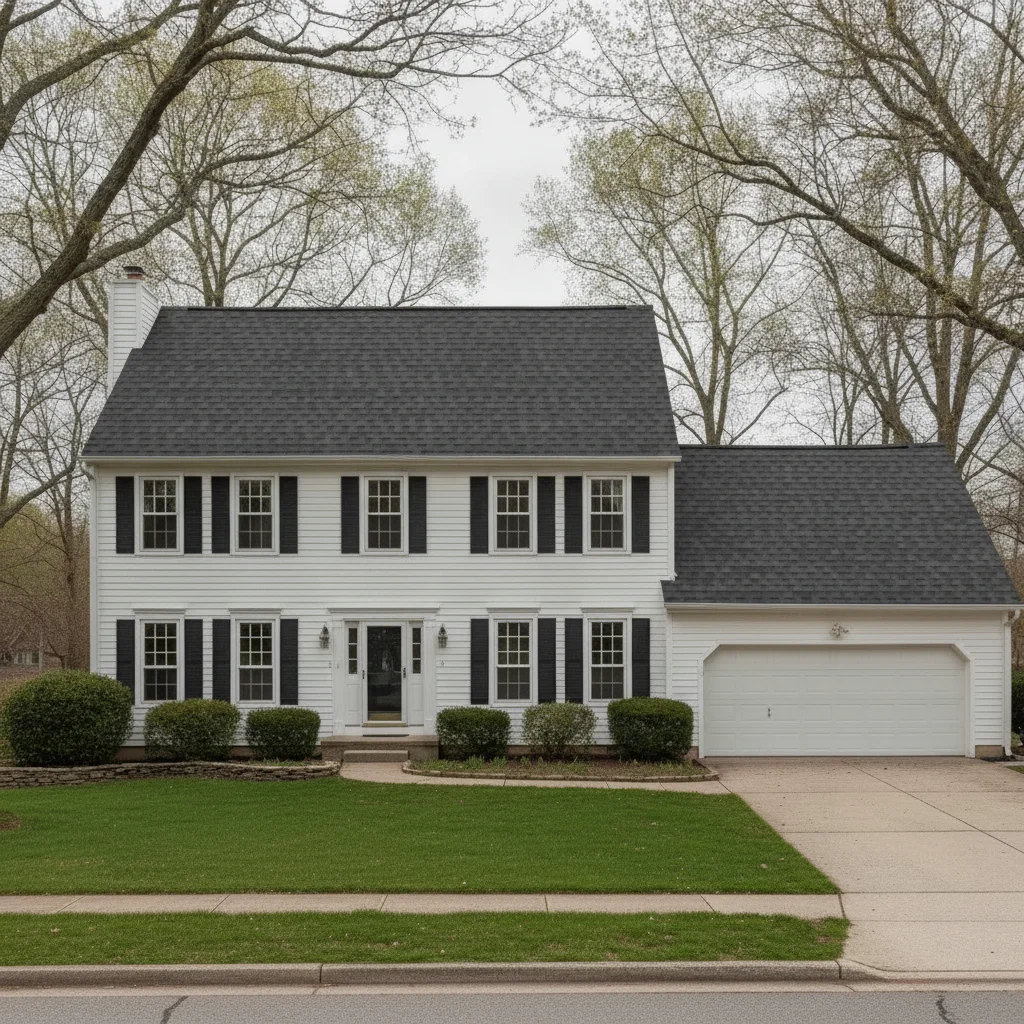 Same home with charcoal architectural shingles, siding and gutters unchanged