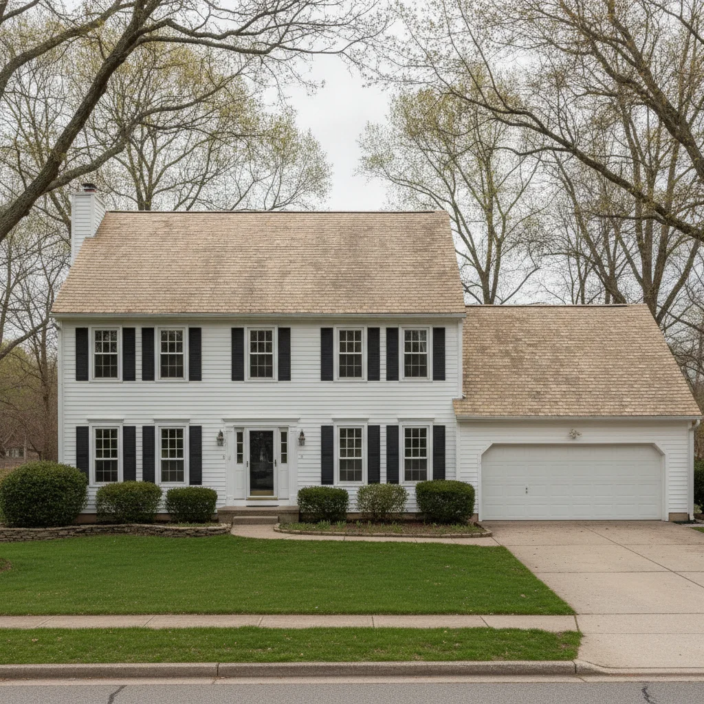 Two-story colonial with faded tan shingles, white siding, overcast light
