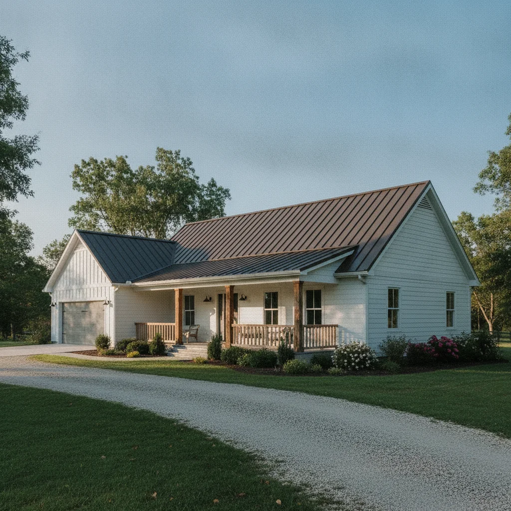 Same farmhouse with dark bronze standing seam metal roof, siding preserved