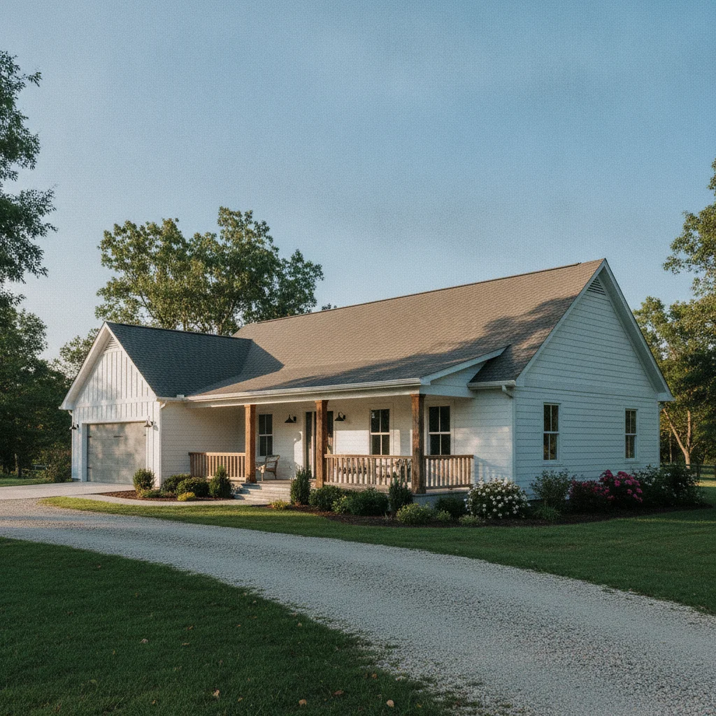 Ranch farmhouse with gray asphalt shingles, white siding, afternoon sun