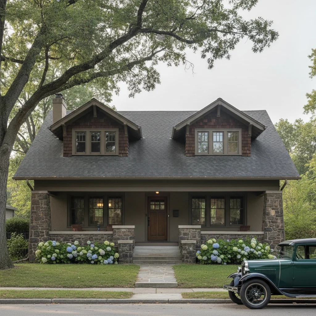 Craftsman bungalow with near-black shingles, taupe stucco, morning light