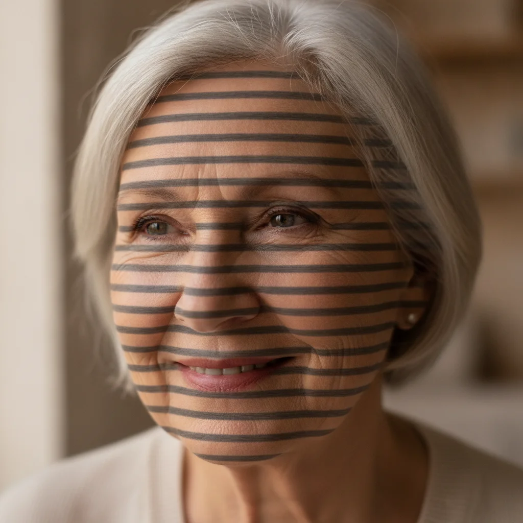 Portrait scan with dark horizontal scanner artifact lines crossing the face