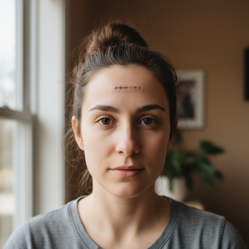 Portrait with horizontal surgical scar across forehead