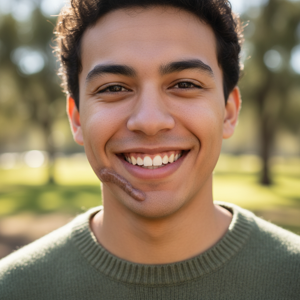 Portrait showing textured acne scarring on chin