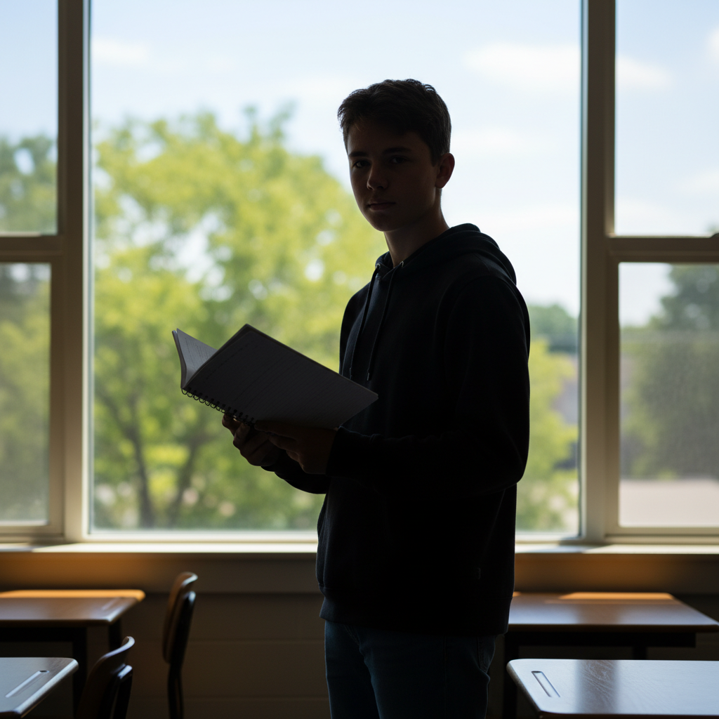 Backlit classroom portrait with dark underexposed face