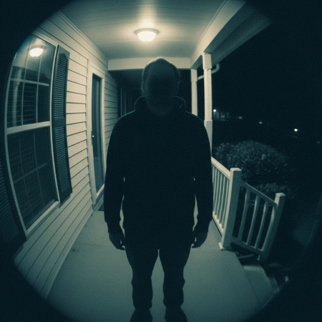 Dark, grainy doorbell camera still showing a person at a front porch at night