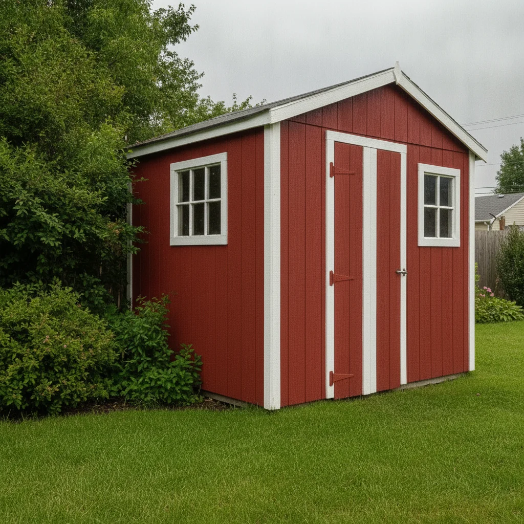 Same shed repainted barn red with white trim, landscaping unchanged