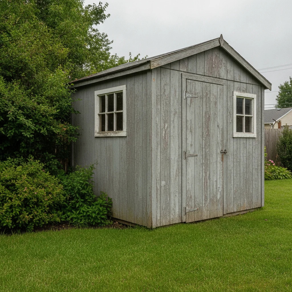 Small wood garden shed with faded gray paint, two windows, green lawn