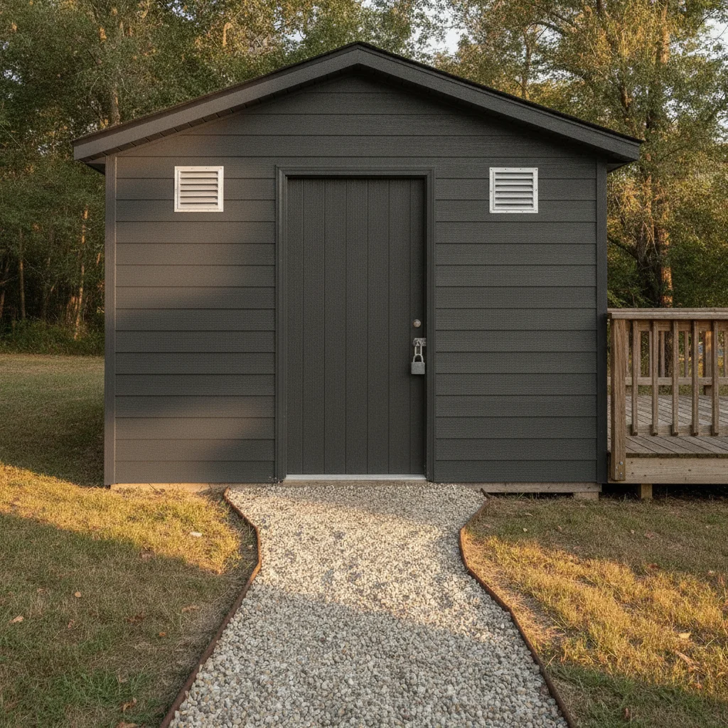 Same shed repainted dark charcoal with black trim, flat finish