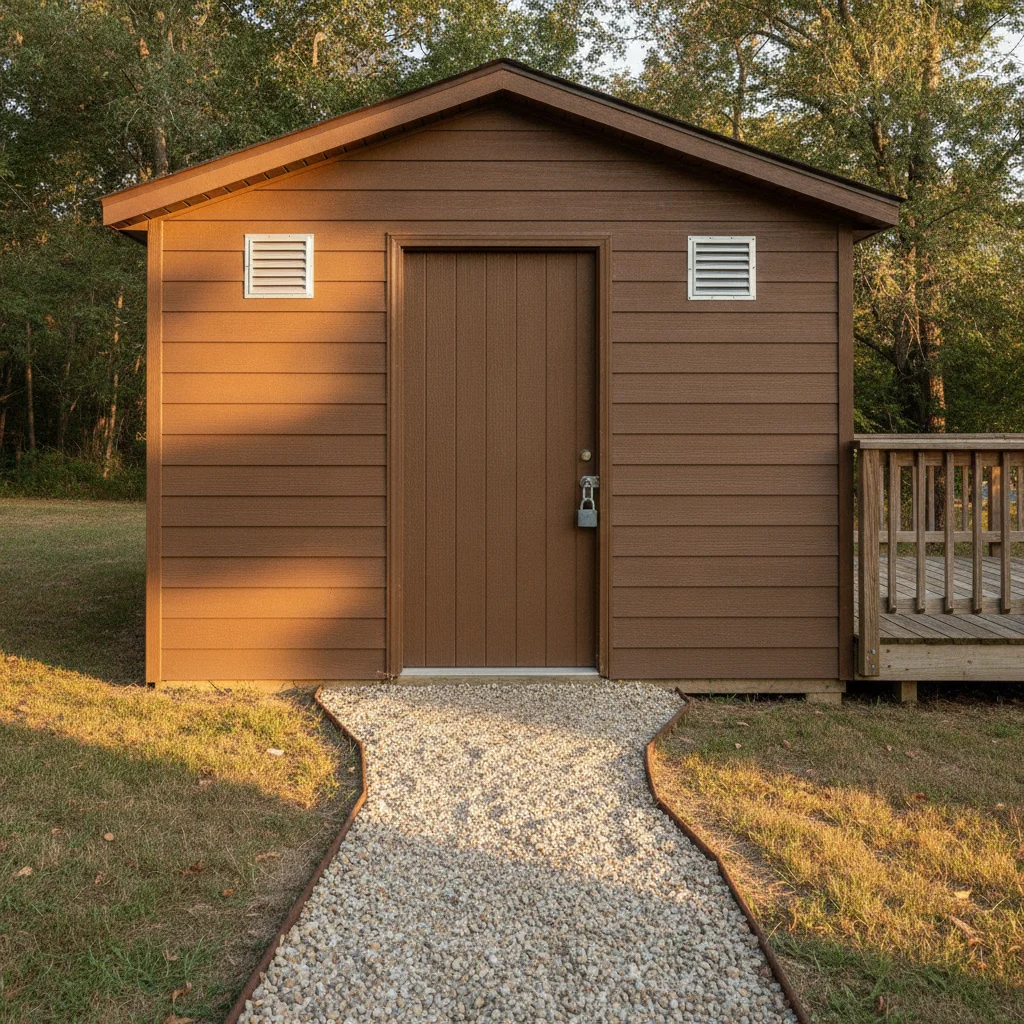 Medium storage shed with brown lap siding, gravel path, wooden deck edge